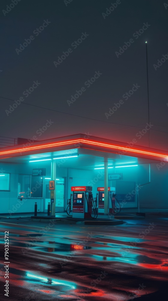 A gas station at misty night with no people, generated with AI