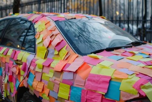 A car was covered by many color post-it, generated with AI photo