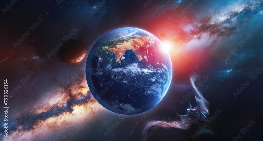 The Earth floating in a fantasy space galaxy, and celestial bodies shimmer in the background. Generative AI The Earth floating in a fantasy space galaxy, and celestial bodies shimmer in the background. Generative AI
