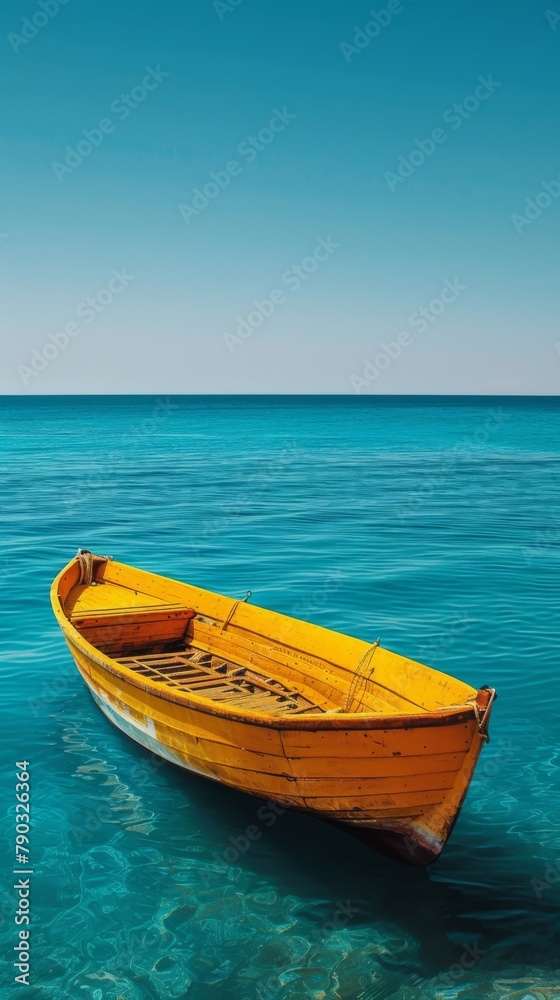 A small boat floating in clear blue water with no waves, AI