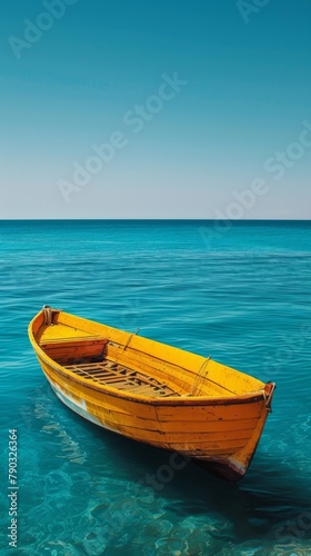 A small boat floating in clear blue water with no waves, AI © starush