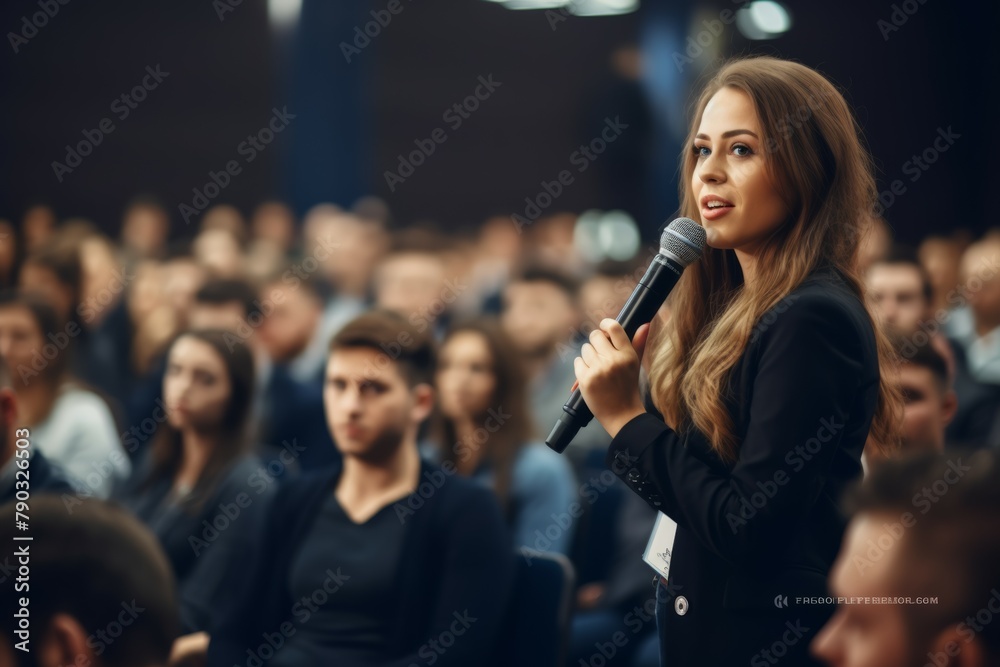 Female manager asking a question from audience while participating in business seminar at convention center, stock photo, realistic photo --ar 3:2 --v 5.2 Job ID: b56e5a29-6c5e-48cc-a2ab-fce5d6032e71
