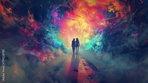 A surreal illustration of two people hand in hand walking from a abstract space, generated with AI