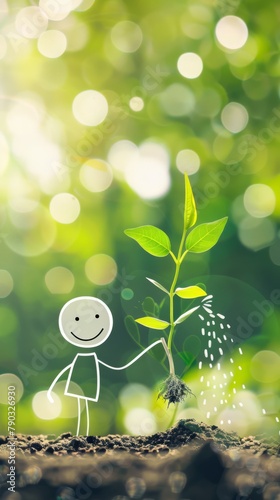 A white line art stick figure with a smile watering the seeds of his small plants in the garden, bokeh effect, generated with AI