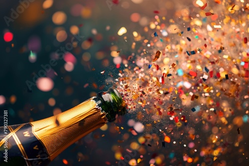 A photo capturing the moment a bottle of champagne is filled with colorful confetti, creating a celebratory atmosphere, Confetti exploding from a champagne bottle, AI Generated