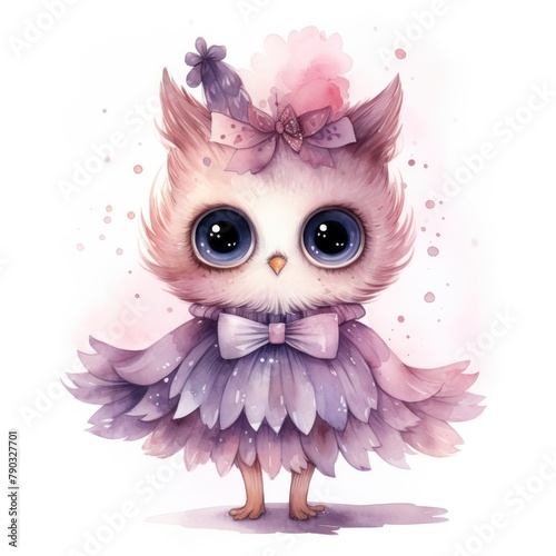 A cute watercolor ballerina owl isolated on a white background