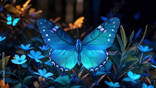Beautiful glowing neon blue butterfly and flowers in the dark forest. High quality 4k footage