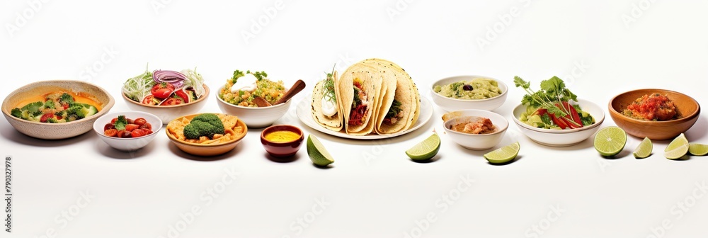 Mexican dishes, top view, isolate on white Mexican dishes, top view, isolate on white