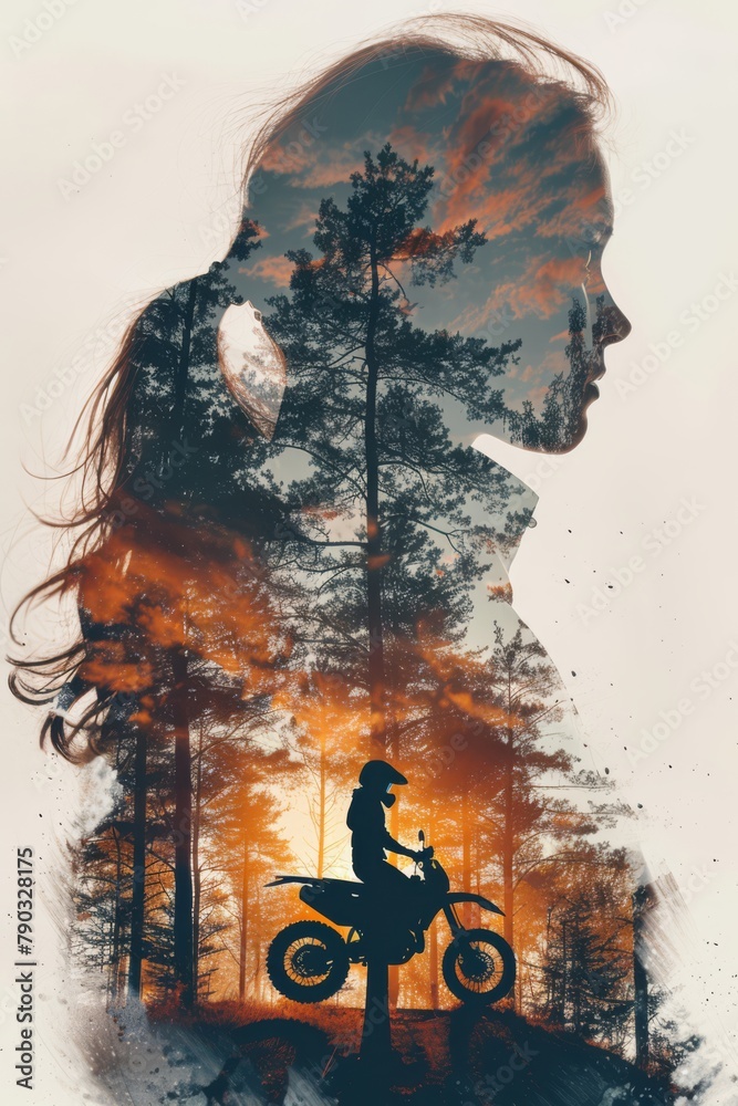 Beautiful woman silhouette in an art print with girl riding a motocross motorcycle on a dirt in the style of an epic double exposure isolate on white background, generated with AI