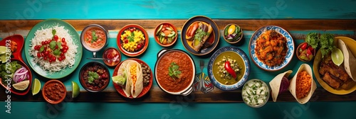 Lots of traditional Mexican dishes on blue background, top view