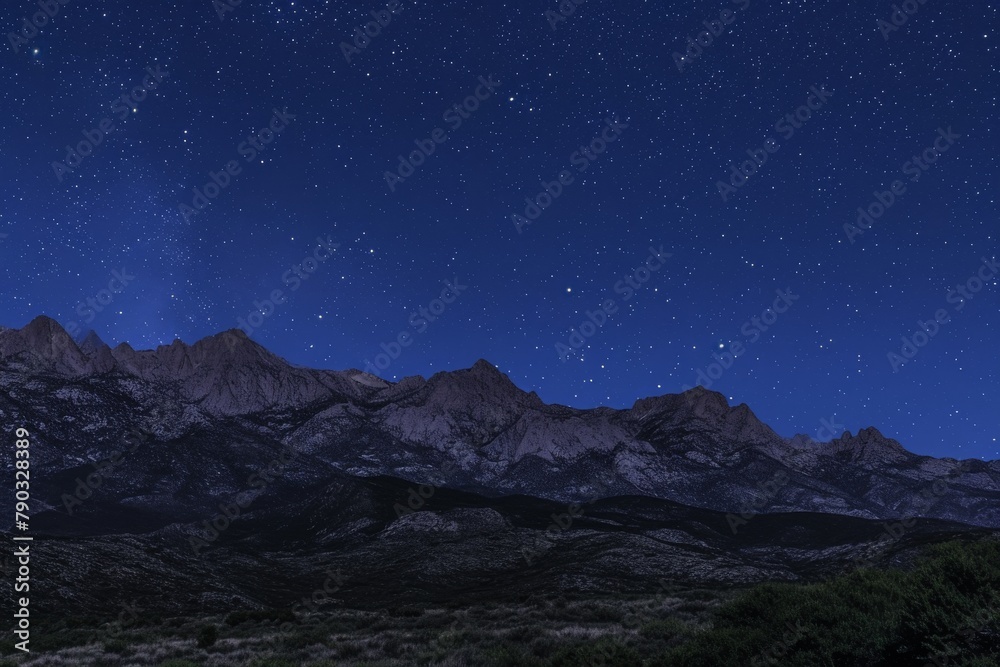 The photo captures the night sky over a majestic mountain range, showcasing the stars in the clear, dark sky, Contours of a mountain range under a star-lit night sky, AI Generated