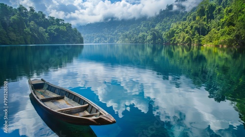 Boat floating on a the water is so transparent lake, generated with AI © sch_ai