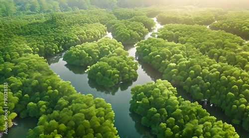 Aerial view of green mangrove forest with sunlight. Mangrove ecosystem. Natural carbon sinks. Mangroves capture CO2 from atmosphere. Blue carbon ecosystems. Mangroves absorb carbon dioxide emissions. photo
