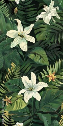 Botanical audobon drawing of three yoga yogi white green ferns and wild tiger lillies super artistic, generated with AI
