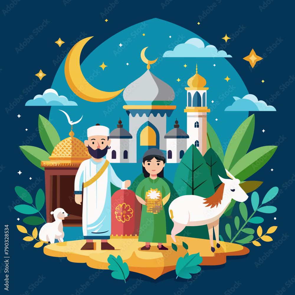 Naklejka premium Eid al-Adha, also known as the Feast of Sacrifice, is an important Islamic celebration that commemorates the willingness of Prophet Ibrahim to sacrifice his son as an act of obedience and submission t