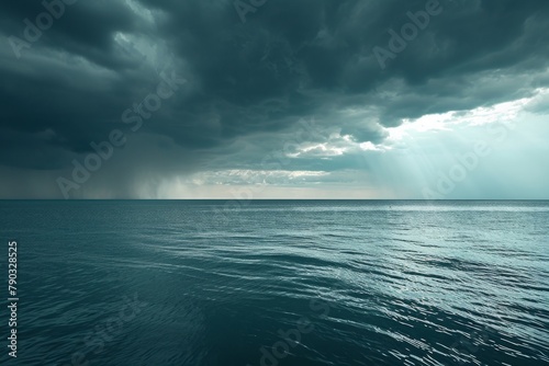 A photograph featuring a vast expanse of water stretching out under a cloudy sky, Contrast of calm sea and arriving thunderstorm, AI Generated