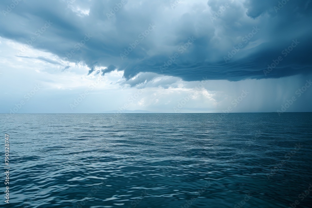 A photo showcasing a large body of water reflecting the cloudy sky, Contrast of calm sea and arriving thunderstorm, AI Generated