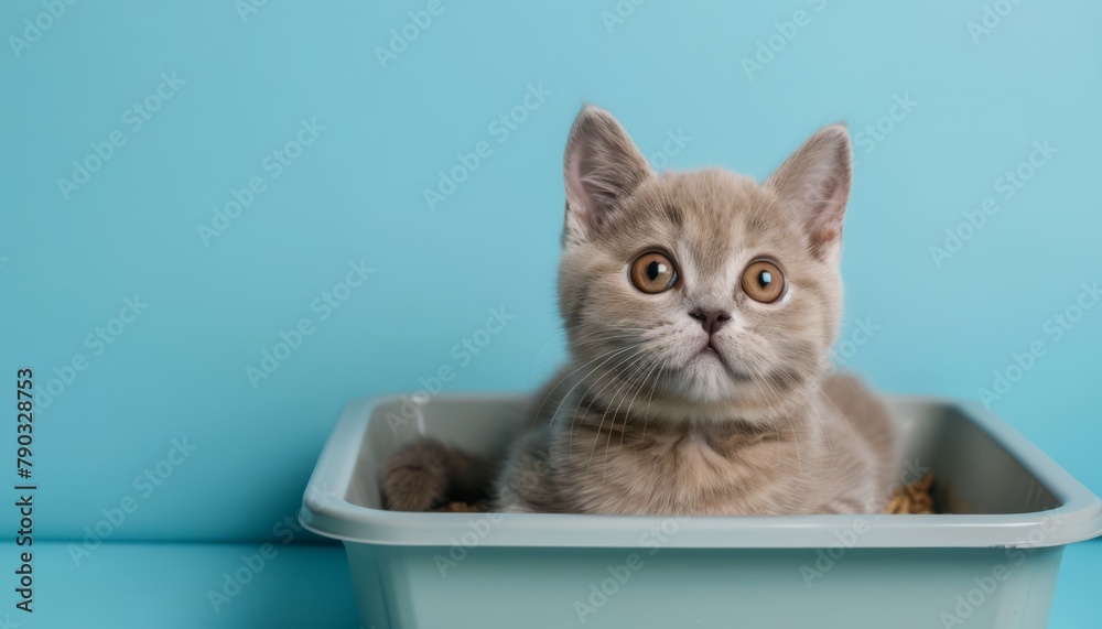 Fototapeta premium Cute British Shorthair cat in litter box on blue background, generated with AI