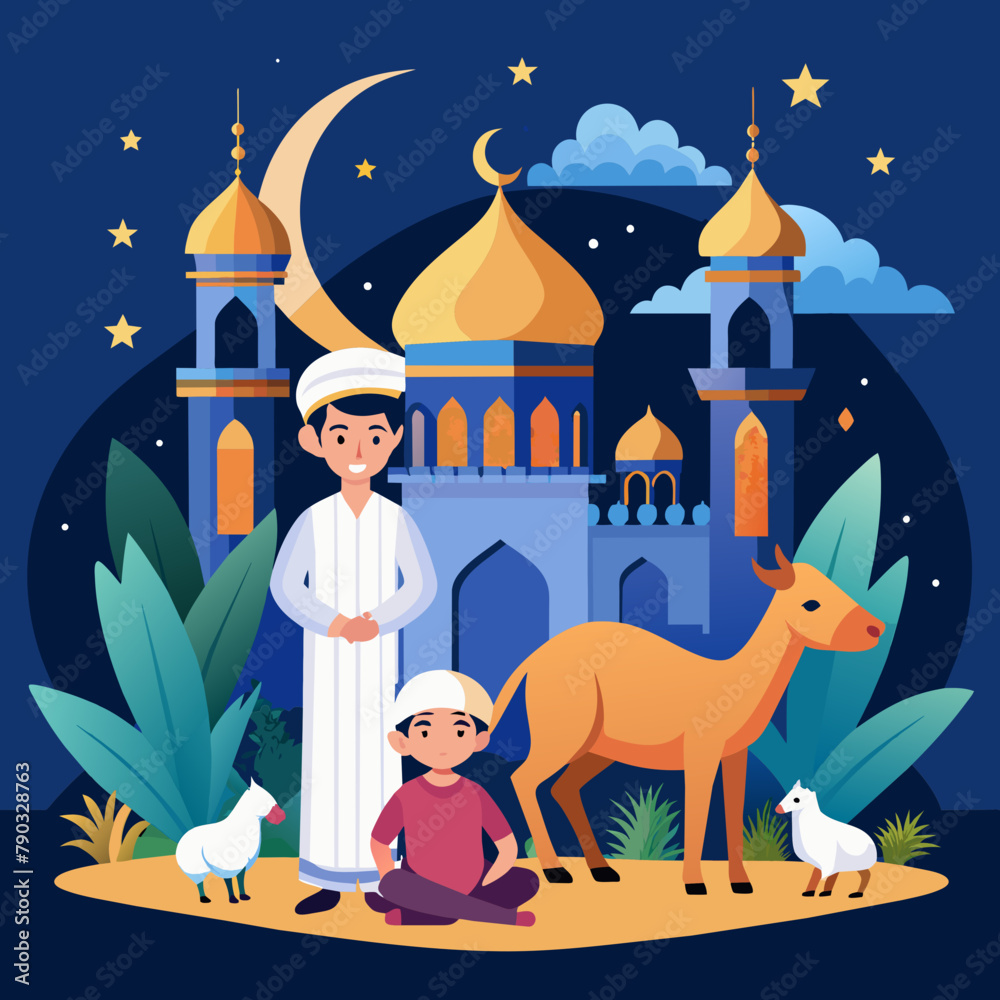 Naklejka premium Eid al-Adha, also known as the Feast of Sacrifice, is an important Islamic celebration that commemorates the willingness of Prophet Ibrahim to sacrifice his son as an act of obedience and submission t