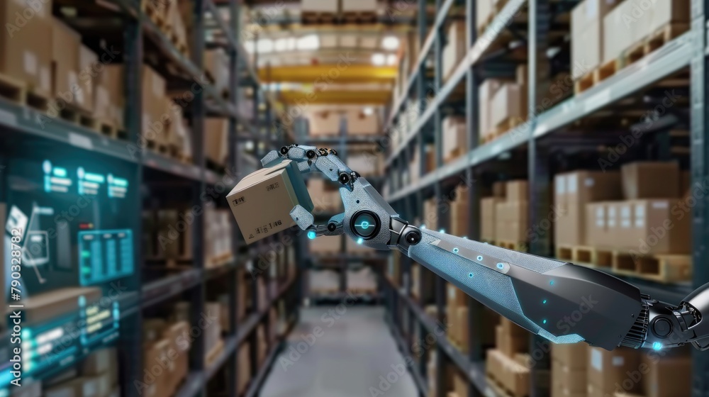 A robot arm sorting and stacking boxes on a warehouse shelf, with AI analytics displayed on a screen. A robot arm sorting and stacking boxes on a warehouse shelf, with AI analytics displayed on a screen.