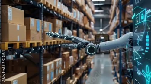 A robot arm sorting and stacking boxes on a warehouse shelf, with AI analytics displayed on a screen.