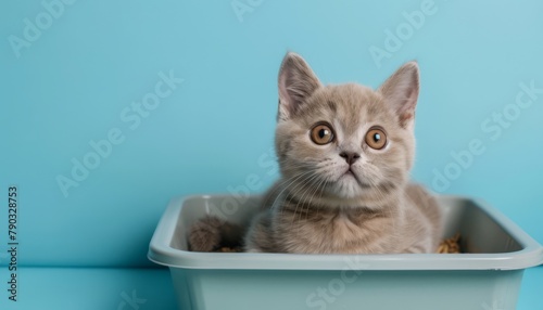 Cute British Shorthair cat in litter box on blue background, generated with AI