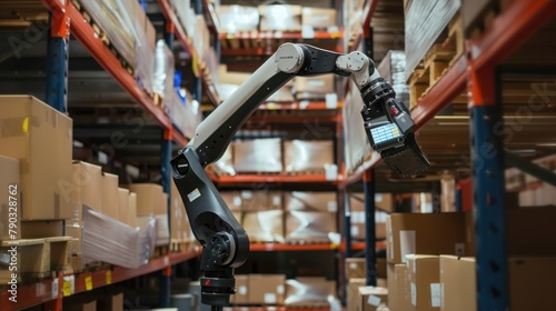 A robot arm sorting and stacking boxes on a warehouse shelf, with AI analytics displayed on a screen.