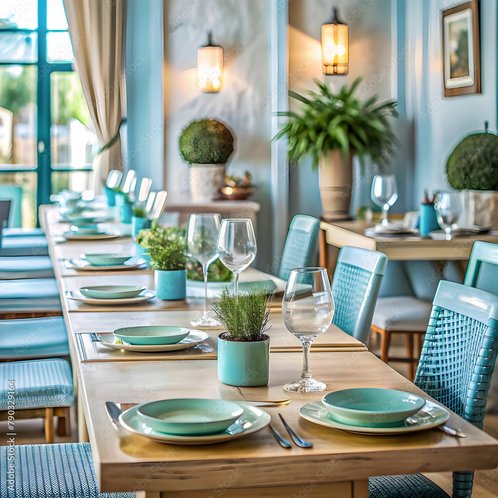 Fototapeta premium table setting in the restaurant interior light blu