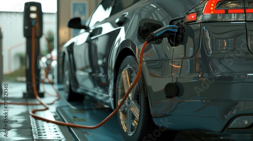 An electric car undergoes diagnostic testing for preemptive repairs. photo