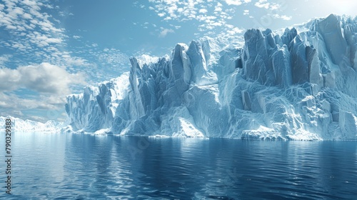 A grand iceberg majestically floats in the vast expanse of the ocean, showcasing a stunning display of natural beauty.