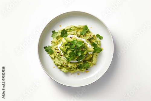 Traditional Latin American Mexican guacamole sauce in a bowl, cut avocado pieces on a white background. View from above