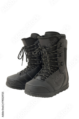 Black snowboard boots on a transparent background