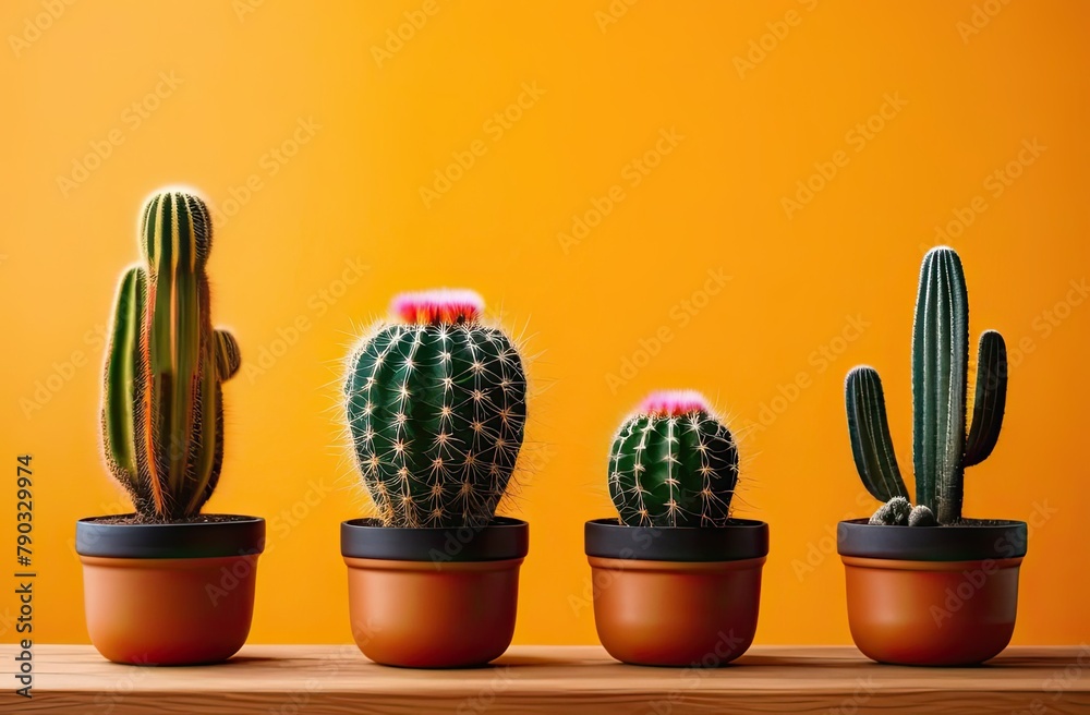 Cacti in pots on yellow background Cacti in pots on yellow background