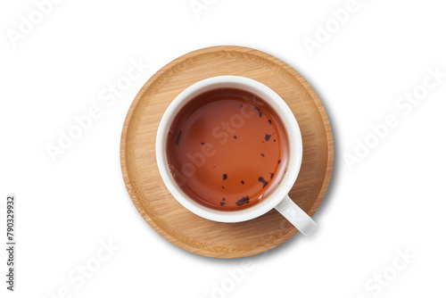 Top view of a cup of tea on a white background