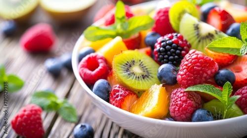 Healthy living of a bowl of fresh fruit salad on a wooden focus on texture and vibrant colors  generated with AI