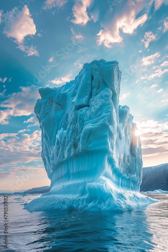 A large iceberg floating in the water with a cloudy sky, AI