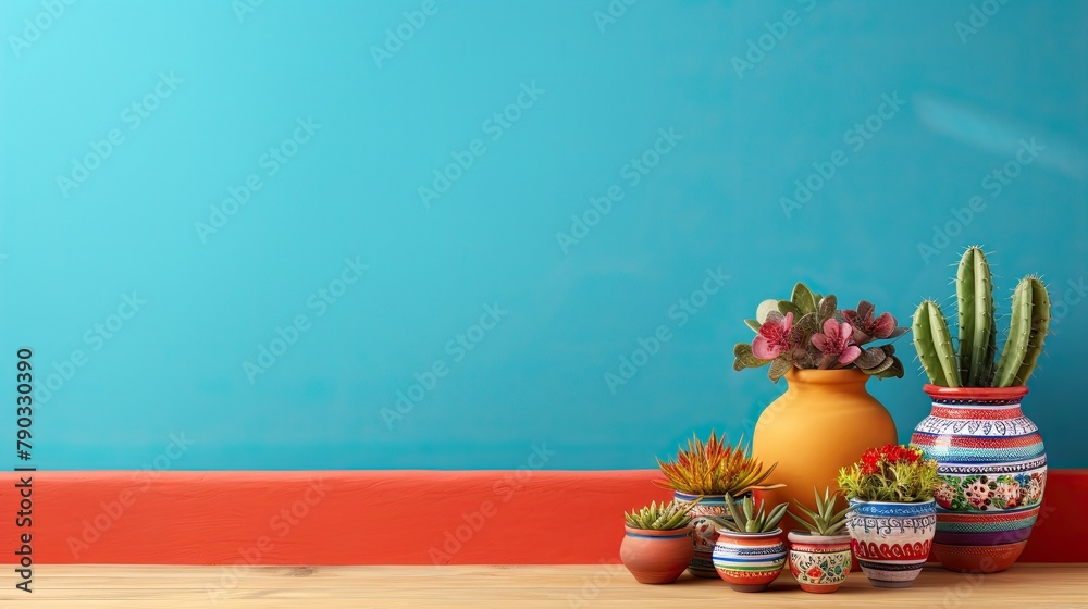 Mexican-style flower pots, blue and red