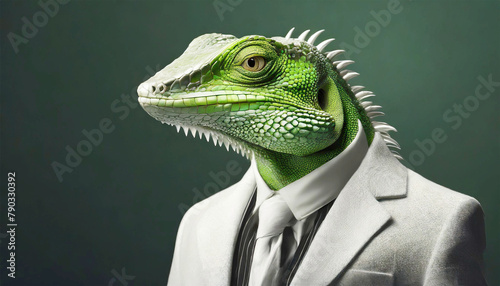 Profile of green lizard in a suit jacket, studio shot.