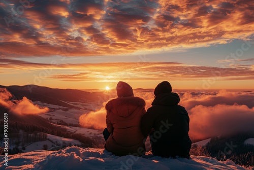 A couple of people sit on the peak of a snow-covered slope  enjoying the view and each others company  Couple watching sunrise on a mountaintop on Valentine s Day  AI Generated