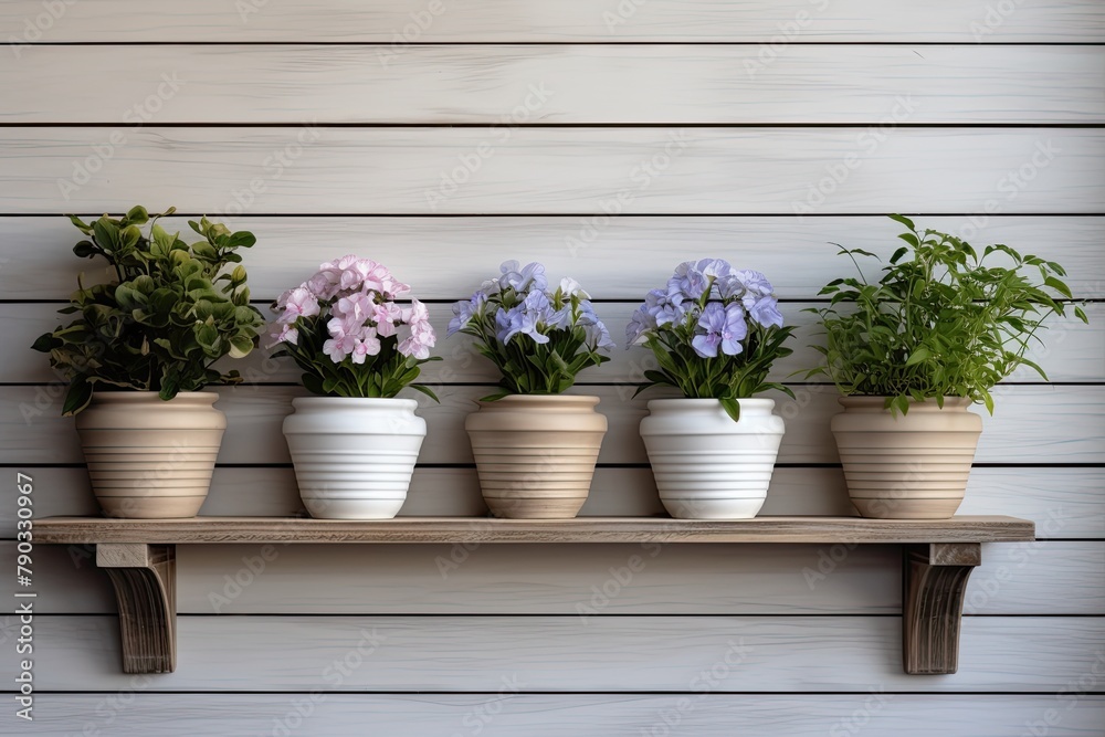 Potted flowers on a wooden shelf Potted flowers on a wooden shelf