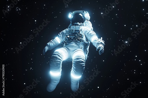 An astronaut in a spacesuit floats weightlessly in the vast expanse of space, Create a luminescent astronaut floating in a black vacuum of space wearing a reflective white spacesuit, AI Generated