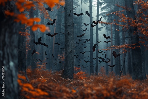 A dense forest filled with numerous bats flying through the air  Creepy autumn forest with hanging bats on trees  AI Generated