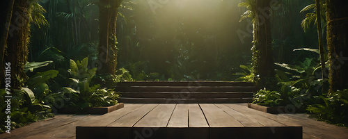 a wooden podium or stage with a jungle background  podium in a forest  dramatic lighting 