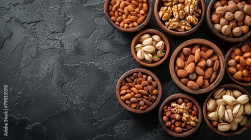 Mixed nuts in wooden bowls on black stone table almonds pistachio walnuts cashew hazelnut top view nut photo, generated with AI