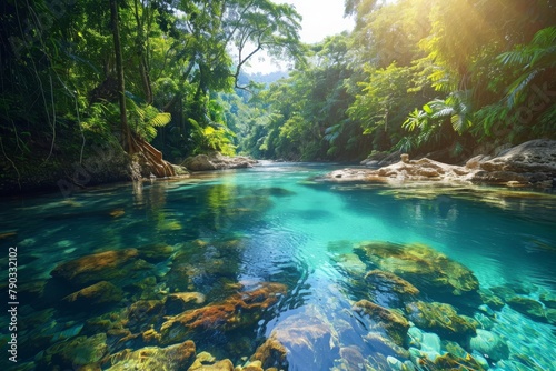 A river flows through a scenic landscape filled with trees and rocks in a breathtaking natural setting, Crystal clear river cutting through a vibrant rainforest, AI Generated