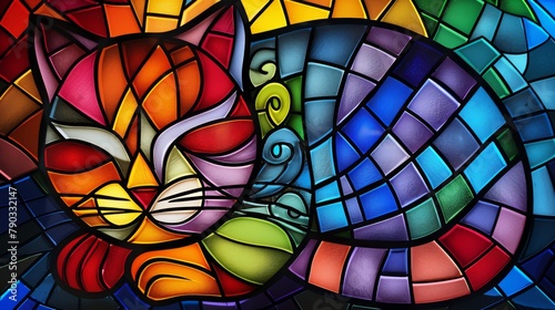 Stained glass style pictyre of a cat, generated with AI photo