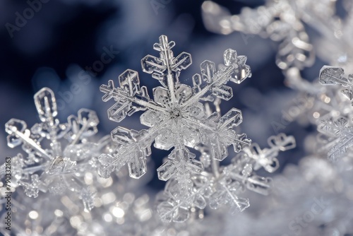 This close-up photo showcases a single snowflake on a vibrant blue background, revealing intricate details, Crystalline snowflakes up close, AI Generated