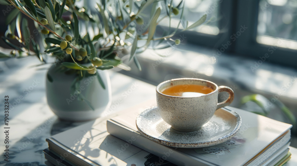 A cup of tea delicately balances on top of a pile of books, creating a peaceful and inviting scene for a quiet reading session. A cup of tea delicately balances on top of a pile of books, creating a peaceful and inviting scene for a quiet reading session.