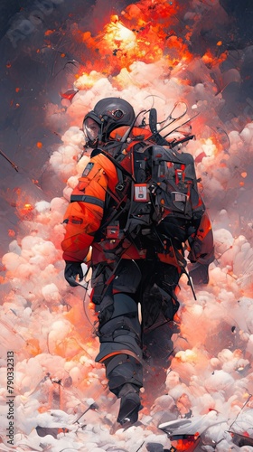 Fireman in uniform on smoke background