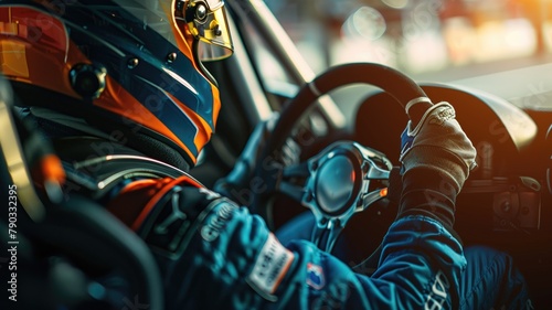 Race car driver steering interior view, focus on hands and wheel